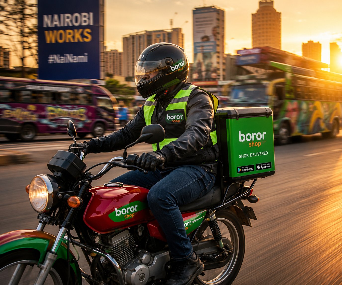 A Kenyan boda-boda rider on a Nairobi street — real vendors, real riders, real deliveries
